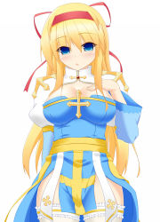 Rule 34 | 1girl, arch bishop (ragnarok online), blonde hair, blue dress, blue eyes, blush, breasts, cleavage, cleavage cutout, clothing cutout, commentary request, cowboy shot, cross, dress, frilled thighhighs, frills, hair between eyes, hairband, highres, juliet sleeves, large breasts, long hair, long sleeves, looking at viewer, miyano yuki, open mouth, pelvic curtain, puffy sleeves, ragnarok online, red hairband, sash, simple background, solo, thighhighs, two-tone dress, white background, white dress, yellow sash