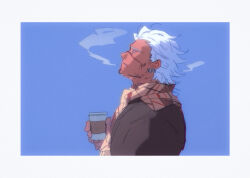 1boy ace_attorney catuoon coffee coffee_mug cup godot_(ace_attorney) holding holding_cup male_focus mug profile scar scarf solo upper_body white_hair