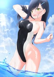 Rule 34 | 1girl, absurdres, black hair, black one-piece swimsuit, blue sky, breasts, cloud, commentary request, competition swimsuit, cowboy shot, day, go-toubun no hanayome, hair ornament, hairclip, highleg, highleg swimsuit, highres, long hair, medium breasts, one-piece swimsuit, outdoors, sky, soaking feet, solo, swimsuit, takebayashi (go-toubun no hanayome), water, wet, wet clothes, yakutashi, yellow eyes