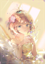 Rule 34 | 1girl, antenna hair, artist name, bare shoulders, breasts, brown dress, brown hair, cardcaptor sakura, collarbone, commentary, crab d, dress, fingers together, flower, grey eyes, hair flower, hair intakes, hair ornament, hands up, kinomoto sakura, looking at viewer, medium breasts, parted lips, pink flower, see-through, short hair, solo, symbol-only commentary, white wings, wings