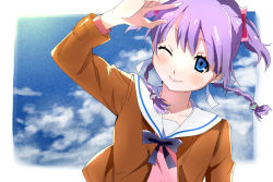 Rule 34 | 10s, 1girl, ;), bad id, bad pixiv id, blue eyes, bow, braid, cloud, day, hair bow, jacket, looking at viewer, one eye closed, purple hair, quad tails, sky, smile, solo, sudou cecil, twin braids, ume (plumblossom), wink, wizard barristers: benmashi cecil