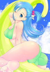 Rule 34 | 1girl, ass, barefoot, bikini, blue eyes, blue hair, blush, breasts, bulma, cleavage, cleft of venus, cloud, day, dragon ball, fat mons, green bikini, grin, hair bobbles, hair ornament, innertube, katori (mocchidou), large breasts, long hair, looking at viewer, looking back, matching hair/eyes, mouth hold, ocean, one eye closed, shiny skin, sideboob, skindentation, smile, soles, solo, swim ring, swimsuit, water, wink