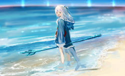 Rule 34 | 1girl, animal hood, animal hoodie, bare legs, barefoot, beach, blue eyes, blue hair, blue hoodie, blurry, blurry background, blush, fins, fish tail, from behind, full body, gawr gura, gawr gura (1st costume), hair ornament, highres, holding, holding trident, holding weapon, hololive, hololive english, hood, hood down, hoodie, isshiki (ffmania7), long hair, long sleeves, looking at viewer, looking back, multicolored clothes, multicolored hair, multicolored hoodie, no pants, ocean, open mouth, polearm, shark girl, shark hair ornament, shark hood, shark hoodie, shark tail, sharp teeth, short twintails, sleeves past wrists, smile, solo, standing, streaked hair, tail, teeth, trident, twintails, two-tone hair, two side up, virtual youtuber, wading, water, weapon, white hair