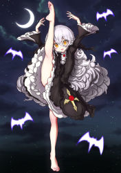Rule 34 | 1girl, barefoot, black dress, cloud, dress, dynamite tomokazu, feet, flower, flower on head, gothic lolita, hair ornament, highres, leg up, lolita fashion, long hair, moon, night, open mouth, original, red pupils, silver hair, sky, soles, solo, standing, standing on one leg, star (sky), starry sky, toes, very long hair, yellow eyes
