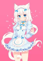 Rule 34 | :3, animal ear fluff, animal ears, bare legs, bell, blue bow, blue bowtie, blue dress, blue eyes, blush, bow, bowtie, breasts, cat ears, cat girl, cat tail, cleavage, cleavage cutout, clothing cutout, dress, floating hair, frilled dress, frills, highres, jingle bell, long hair, long sleeves, low ponytail, maid, maid headdress, nekopara, niniidawns, pink background, puffy sleeves, simple background, slit pupils, small breasts, smile, standing, tail, tail around own leg, vanilla (nekopara), very long hair, white hair