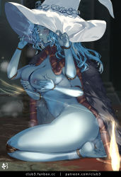 Rule 34 | 1girl, alternate breast size, blue eyes, blue hair, blue skin, breasts, cloak, club3, colored skin, cracked skin, doll joints, elden ring, extra arms, fur cloak, glowing tattoo, hat, highres, joints, large breasts, large hat, long hair, looking at viewer, nipples, nude, one eye closed, parted bangs, ranni the witch, seiza, site of grace, sitting, solo, white hat, witch, witch hat