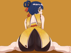 Rule 34 | 1girl, artist request, ass, bare shoulders, barefoot, blue hair, blush, chinese clothes, from behind, genshin impact, hair ribbon, hair rings, highres, huge ass, looking at viewer, looking back, looking down, ribbon, shiny clothes, shiny skin, short hair, short shorts, shorts, sitting, solo, wariza, xiangling (genshin impact), yellow eyes