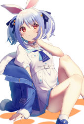 Rule 34 | 1girl, :&lt;, absurdres, belt, blue footwear, blue hair, blue jacket, blue neckerchief, blue ribbon, blush, breast pocket, carrot hair ornament, closed mouth, collar, collarbone, commentary, denim, denim jacket, dress, eyes visible through hair, food-themed hair ornament, fur-trimmed jacket, fur trim, hair between eyes, hair ornament, hair ribbon, hand on own cheek, hand on own face, highres, hololive, jacket, jewelry, knee up, long sleeves, looking at viewer, multicolored hair, neckerchief, off shoulder, official alternate costume, open clothes, open jacket, pleated dress, pocket, puffy short sleeves, puffy sleeves, ribbon, sailor collar, sailor dress, shikinagi, short dress, short eyebrows, short sleeves, short twintails, sidelocks, sitting, socks, solo, streaked hair, thick eyebrows, twintails, usada pekora, usada pekora (casual), virtual youtuber, white background, white belt, white collar, white dress, white hair, white ribbon, white sailor collar, white socks