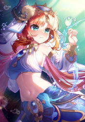 1girl absurdres aqua_eyes blue_gemstone blue_skirt blush breasts circlet commentary cowboy_shot crop_top detached_sleeves english_commentary fake_horns from_side gem genshin_impact gold_trim hando_2020 headdress highres horns hydrokinesis long_hair long_sleeves looking_to_the_side medium_breasts midriff navel nilou_(genshin_impact) parted_bangs puffy_long_sleeves puffy_sleeves red_hair sideboob skirt smile solo stomach sunlight very_long_hair water white_veil