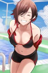 Rule 34 | 1girl, arms behind back, bikini, breasts, brown hair, cleavage, grin, happy, highres, large breasts, leaning forward, legs, navel, pool, ruby rose, rwby, short hair, smile, solo, swimsuit, thighs, water