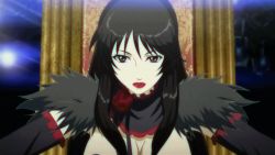 Rule 34 | 1girl, animated, animated gif, black eyes, black hair, bouncing breasts, breasts, cleavage, dance in the vampire bund, detached sleeves, female focus, goth fashion, indoors, large breasts, lipstick, long hair, makeup, red lips, solo, standing, throne, vampire, veratos
