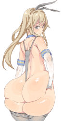 Rule 34 | 1girl, ass, ass grab, back, bare shoulders, blonde hair, bottomless, butt crack, elbow gloves, gloves, grabbing own ass, hairband, huge ass, kantai collection, kasutaso, long hair, looking back, shimakaze (kancolle), slingshot swimsuit, solo, swimsuit, thick thighs, thighs, wedgie, white background, wide hips