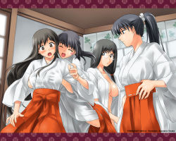 Rule 34 | 4girls, artist name, blush stickers, grabbing another&#039;s breast, breasts, dated, dressing, closed eyes, female focus, glasses, grabbing, hakama, hakama skirt, japanese clothes, large breasts, long hair, miko, multiple girls, no bra, open clothes, open mouth, open shirt, original, ponytail, red hakama, shirt, skirt, tanaka shoutarou, wallpaper, wide-eyed, yuri