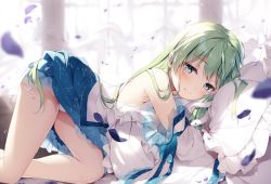 Rule 34 | 1girl, blue eyes, blue skirt, blush, commentary request, detached sleeves, feet out of frame, from side, green hair, hair ornament, indoors, kochiya sanae, long hair, long sleeves, looking at viewer, miniskirt, miyase mahiro, panties, pantyshot, petals, pillow, shirt, skirt, smile, snake hair ornament, solo, thighs, top-down bottom-up, touhou, underwear, white panties, white shirt