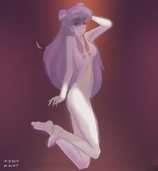 Rule 34 | 1girl, absurdres, barefoot, blurry, blurry background, breasts, collarbone, colored skin, completely nude, dynamic pose, feet, highres, jumping, legs, medium breasts, non-web source, nude, purple hair, ranma 1/2, ribs, self-upload, shade, shampoo (ranma 1/2), shiny skin, signature, stomach, white skin