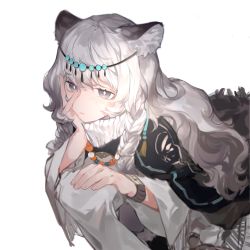Rule 34 | 1girl, animal ear fluff, animal ears, arknights, bead necklace, beads, black cloak, braid, circlet, cloak, closed mouth, expressionless, grey eyes, hand on own cheek, hand on own face, head rest, highres, iris yi, jewelry, leopard ears, long hair, necklace, pramanix (arknights), ribbed sweater, silver hair, simple background, solo, sweater, turtleneck, turtleneck sweater, twin braids, watch, white background, white sweater, wristwatch