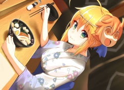 Rule 34 | 1girl, ahoge, artoria pendragon (all), artoria pendragon (fate), blonde hair, blush, bowl, breasts, chopsticks, closed mouth, commentary request, dutch angle, eating, fate/grand order, fate/stay night, fate (series), floral print, food, food on face, food request, fujimaru ritsuka (female), green eyes, hair bun, japanese clothes, kimono, looking at viewer, mask, mask on head, medium breasts, nabe, napkin, nekoda (maoda), official alternate costume, pepper shaker, riyo (lyomsnpmp) (style), saber (fate), saber (leisurely strolling) (fate), salt shaker, single hair bun, sitting, solo, wide sleeves