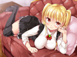 Rule 34 | 1girl, black footwear, black thighhighs, blonde hair, blunt bangs, blush, boots, breasts, couch, cross-laced footwear, lace-up boots, long hair, lying, mamedenkyuu (berun), on stomach, pillow, red eyes, red upholstery, solo, thigh boots, thighhighs, tokyo 7th sisters, tufted upholstery, twintails, uesugi u. kyouko