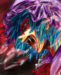 Rule 34 | 1girl, angry, blue hair, evyngr, female focus, hat, open mouth, portrait, red eyes, remilia scarlet, sharp teeth, short hair, solo, teeth, touhou, transformation, vampire
