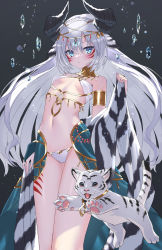 Rule 34 | 1girl, animal ears, armlet, blue eyes, breasts, bridal gauntlets, choker, circlet, commentary request, commission, crystal, dancer, facial mark, gold, highres, horns, jewelry, komiya nigi, long hair, looking at viewer, navel, original, revealing clothes, skeb commission, small breasts, solo, tiger, tiger cub, tiger ears, whiskers, white hair, white tiger