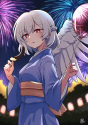 1girl aerial_fireworks alternate_costume balloon blush chocolate_banana commentary_request commission feathered_wings fireworks food grey_hair grey_wings highres holding holding_balloon holding_food japanese_clothes kimono kishin_sagume long_sleeves obi open_mouth purple_kimono red_eyes sash scavia10 signature single_wing skeb_commission solo touhou wide_sleeves wings yukata