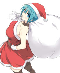 Rule 34 | 1girl, breasts, choker, christmas, dress, eeeeee, from above, from side, gloves, grin, hand on own hip, hat, large breasts, linda (linda cube), linda cube, looking at viewer, red dress, sack, santa costume, santa dress, santa hat, short hair, simple background, smile, solo, thighhighs, white background, white gloves