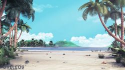 Rule 34 | 3d, artist name, beach, blender (medium), blue sky, bush, cloud, commentary, day, english commentary, foxeleos, grass, highres, no humans, original, outdoors, palm tree, photoshop (medium), sand, scenery, seashell, shell, sky, tree, water, watermark