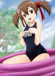 Rule 34 | 10s, 1girl, brown hair, fuuma nagi, md5 mismatch, one-piece swimsuit, red eyes, school swimsuit, short hair, short twintails, silica, solo, swimsuit, sword art online, twintails, wading pool