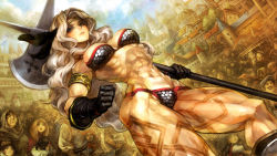 Rule 34 | 1girl, :&lt;, :d, abs, amazon (dragon&#039;s crown), amazon warrior, armlet, armor, axe, bikini, bikini armor, black gloves, blonde hair, blue eyes, blush, braid, breasts, brown eyes, brown hair, circlet, clenched hand, dog, dragon&#039;s crown, dutch angle, facial hair, game cg, gloves, grey hair, hand on another&#039;s head, hat, highres, holding, house, kida emika, long hair, looking at another, muscular, mustache, navel, official art, open mouth, pointing, smile, solo focus, swimsuit, twin braids, weapon