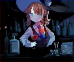 Rule 34 | 1girl, a hat in time, alcohol, black headwear, blue eyes, blue necktie, brown hair, hat kid, highres, ice, ice cube, nasubeen, necktie, night, waitress, wine