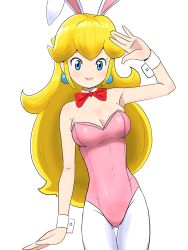 Rule 34 | 1girl, alternate costume, animal ears, blonde hair, blue eyes, bow, bowtie, breasts, cleavage, commission, cowboy shot, detached collar, detesu, earrings, highres, leotard, long hair, mario (series), medium breasts, nintendo, pantyhose, pink leotard, playboy bunny, princess peach, rabbit ears, red bow, red bowtie, salute, simple background, solo, sphere earrings, strapless, strapless leotard, white background, white pantyhose, wrist cuffs