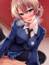 Rule 34 | 1boy, 1girl, bad id, bad pixiv id, black neckwear, black pantyhose, blue eyes, blue skirt, blue sweater, blush, braid, breasts, brown hair, clothed female nude male, clothed sex, cowgirl position, darjeeling (girls und panzer), dress shirt, emblem, girl on top, girls und panzer, head tilt, heavy breathing, hetero, highres, indoors, large breasts, long hair, long sleeves, looking at viewer, military, military uniform, miniskirt, necktie, nksk, nude, open mouth, pantyhose, pleated skirt, school uniform, sex, shirt, short hair, skirt, smile, st. gloriana&#039;s school uniform, straddling, sweater, trembling, uniform, v-neck, vaginal, white shirt