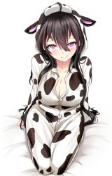 Rule 34 | 1girl, ahoge, animal costume, animal print, antenna hair, arm support, bad id, bad pixiv id, bed, bed sheet, beifeng han, black hair, blush, breasts, cleavage, collarbone, cow costume, cow horns, cow print, female focus, from behind, horns, large breasts, long hair, looking at viewer, miyaura sanshio, original, pajamas, purple eyes, revision, seiza, sitting, sleeves past wrists, smile, solo