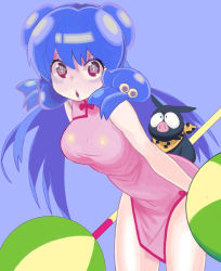 Rule 34 | 1girl, breasts, china dress, chinese clothes, double bun, dress, leaning forward, long hair, looking at viewer, p-chan, purple eyes, purple hair, ranma 1/2, shampoo (ranma 1/2), standing, star-shaped pupils, star (symbol), symbol-shaped pupils, yuuki (irodo rhythm)