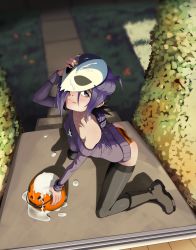 Rule 34 | 1girl, :q, ahoge, arched back, ass, bare shoulders, black thighhighs, blue eyes, blush, boots, borrowed character, breasts, bucket, cum, cum bucket, cum in container, cum on clothes, cum on mask, cum pool, gokkun, halloween, highres, jack-o&#039;-lantern, kneeling, long hair, looking at viewer, looking up, mask, medium breasts, off-shoulder, off-shoulder sweater, off shoulder, original, panties, polyle, purple hair, shadow, smile, solo, striped clothes, striped panties, sweater, thighhighs, tongue, tongue out, underwear, wide hips, zone-tan