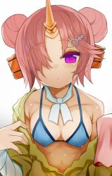 Rule 34 | 1girl, bandaged arm, bandages, bare shoulders, bikini, blue bikini, blush, breasts, cleavage, detached sleeves, double bun, fate/grand order, fate (series), frankenstein&#039;s monster (fate), frankenstein&#039;s monster (swimsuit saber) (fate), frankenstein&#039;s monster (swimsuit saber) (first ascension) (fate), hair bun, hair ornament, hair over one eye, highres, horns, izuoku, looking at viewer, medium breasts, pink hair, purple eyes, simple background, single horn, sleeves past wrists, solo, swimsuit, wet, white background