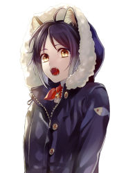 Rule 34 | 1boy, animal ears, bell, black hair, cat boy, cat ears, collar, colored tips, fang, fangs, hood, hoodie, keito19, long sleeves, male focus, multicolored hair, neck bell, open mouth, original, pale skin, ribbon, simple background, slit pupils, solo, white background, white hair, yellow eyes