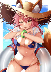 Rule 34 | 1girl, animal ear fluff, animal ears, bad id, bad pixiv id, bikini, bikini under clothes, blue bikini, blush, breasts, cameltoe, cleavage, closed mouth, clothes lift, collarbone, commentary request, cowboy shot, ears through headwear, fate/grand order, fate (series), fox ears, fox tail, gluteal fold, hair between eyes, harimoji, hat, innertube, large breasts, leaning forward, lifting own clothes, long hair, looking at viewer, navel, one eye closed, outline, outside border, pink hair, shirt, shirt lift, side-tie bikini bottom, solo, standing, straw hat, sun hat, sweat, swim ring, swimsuit, tail, tamamo (fate), tamamo no mae (fate/extra), tamamo no mae (swimsuit lancer) (fate), thighs, tongue, tongue out, wet, wet clothes, wet shirt, yellow eyes