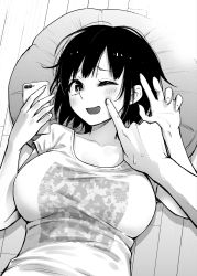 Rule 34 | 1boy, 1girl, blush, breasts, cellphone, cheek poking, collarbone, dojirou, greyscale, highres, large breasts, lying, monochrome, on back, open mouth, original, phone, poking, shirt, short hair, smartphone, smile, upper body