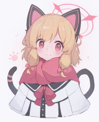 Rule 34 | 1girl, :3, animal ears, black sailor collar, blonde hair, blue archive, blush, bow, bowtie, cat ears, cat tail, closed mouth, commentary, fake animal ears, halo, highres, looking at viewer, momoi (blue archive), nalphanne, parted bangs, paw print, pink bow, pink bowtie, pink eyes, pink halo, pink scarf, sailor collar, scarf, simple background, smile, solo, tail, upper body, white background