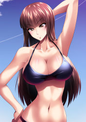 Rule 34 | 1girl, arm behind back, arm up, bikini, black bikini, black eyes, black hair, blue sky, blunt bangs, breasts, clear sky, cleavage, commentary, contrail, girls und panzer, halterneck, hand on own hip, highres, large breasts, long hair, looking at viewer, miraino tsubasa, navel, nishizumi shiho, open mouth, sky, smile, solo, standing, straight hair, swimsuit, upper body