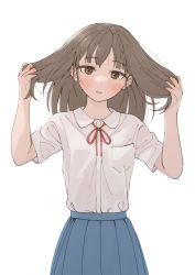 Rule 34 | 1girl, brown eyes, brown hair, highres, holding, holding own hair, long hair, looking at viewer, natuich, original, school uniform, simple background, solo, white background
