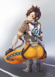 Rule 34 | 1girl, artist name, ass, bodysuit, brown hair, cameltoe, from behind, gloves, goggles, highres, jacket, leslyzerosix, looking at viewer, looking back, overwatch, overwatch 1, short hair, skin tight, slutdrop, solo, spiked hair, squatting, tracer (overwatch), watermark, web address