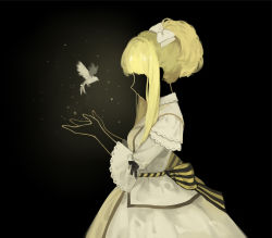 Rule 34 | 1girl, aimota, bird, black background, black skin, blonde hair, bow, character check, colored skin, commentary request, dress, elisabeth von wettin, faceless, from side, hair bow, hands up, high ponytail, lace, lace-trimmed dress, lace trim, light particles, long hair, looking at another, maerchen (album), open hands, short ponytail, short sleeves, sidelocks, simple background, solo, sound horizon, striped, striped bow, white bird, white bow, white dress