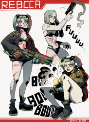 Rule 34 | 1girl, black bra, black footwear, black jacket, black panties, blood, blood on face, boots, bra, colored sclera, colored skin, commentary, cyberpunk (series), cyberpunk edgerunners, english commentary, firing, grey skin, gun, hair behind ear, handgun, highres, ho-uja, holding, holding gun, holding weapon, jacket, korean commentary, looking to the side, mixed-language commentary, multiple views, neck tattoo, panties, rebecca (cyberpunk), red sclera, samurai jacket (cyberpunk), shotgun, sitting, smile, smoke, smoking barrel, tattoo, twintails, underwear, weapon, white background, yellow eyes