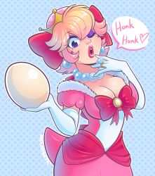 Rule 34 | 1girl, artist name, birdo, blonde hair, blue background, breasts, cleavage, crown, diamond ring, egg, elbow gloves, english text, eyeshadow, finger to own chin, gloves, halftone, highres, honk honk (meme), jewelry, large breasts, lips, lipstick, looking at viewer, makeup, mario (series), melangetic, meme, necklace, new super mario bros. u deluxe, nintendo, one eye closed, ornate ring, pearl necklace, ring, short hair, solo, super crown, wedding ring, white gloves