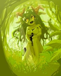 Rule 34 | 1girl, :d, black sclera, breasts, colored sclera, female focus, grass, green hair, hair between eyes, highres, hikyou takarasou, looking at viewer, monster girl, nature, no nipples, no pupils, open mouth, original, outdoors, plant girl, sitting, smile, solo, yellow eyes