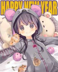 Rule 34 | 1girl, 2020, animal, animal ears, animal hood, bed sheet, black hair, blush, bow, chinese zodiac, closed mouth, commentary request, fake animal ears, grey eyes, grey jacket, hamster, happy new year, hood, hood up, hooded jacket, jacket, kuga tsukasa, long hair, lying, mouse ears, mouse hood, new year, on back, original, outstretched arms, seed, sidelocks, smile, solo, spread arms, striped, striped bow, sunflower seed, upper body, year of the rat