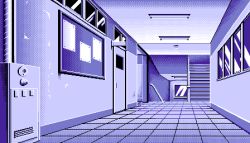 Rule 34 | 1990s (style), 5 jikanme no venus, ceiling, fairy dust, fluorescent lamp, game cg, hallway, indoors, lowres, no humans, pc98, pixel art, retro artstyle, school, stairs, stairwell, tagme, window