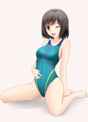 Rule 34 | 1girl, aqua one-piece swimsuit, barefoot, black hair, brown eyes, competition swimsuit, covered navel, fuuma nagi, looking at viewer, one-piece swimsuit, one eye closed, open mouth, original, short hair, simple background, sitting, smile, solo, swimsuit, wariza, white background